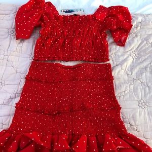 Two piece red polka dot skirt set